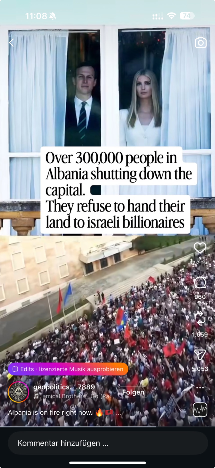 Viraler Instagram-Screenshot mit Kushner, Ivanka Trump, Protestmenge und dem Claim, Albaner würden Land nicht an israelische Milliardäre geben