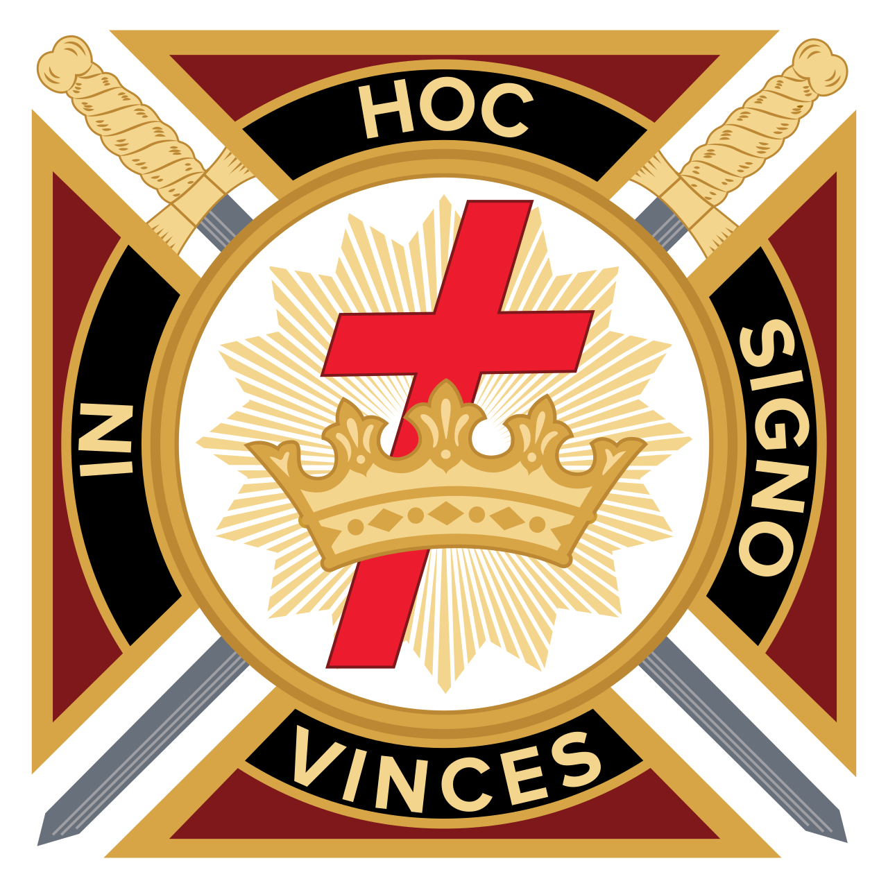 A cross and crown laid upon a cross pattée inscribed with "In Hoc Signo Vinces" resting upon downward pointing swords in saltire used to represent the