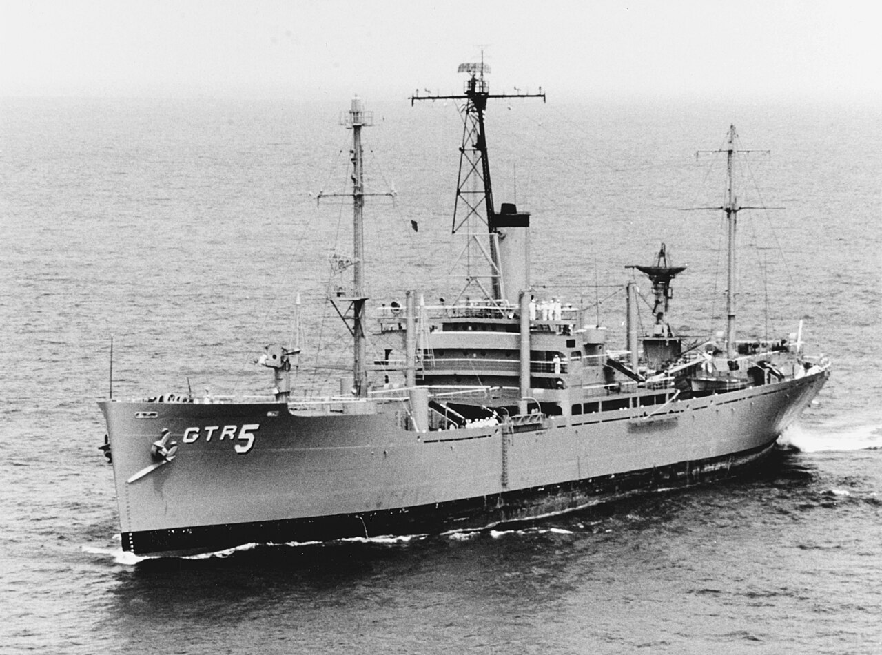 The U.S. Navy electronic reconnaissance gathering ship USS Liberty (AGTR-5) underway in Chesapeake Bay on 29 July 1967, upon her return from the Medit