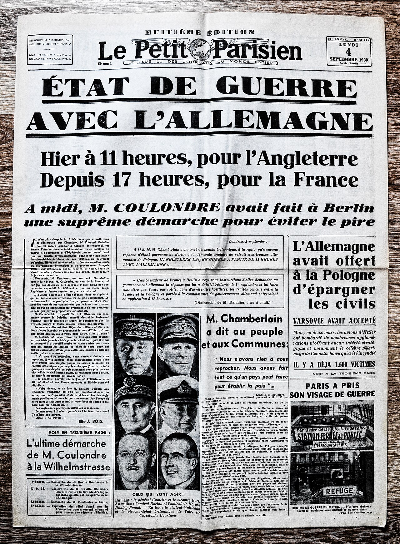Frontpage French newspaper "Le Petit Parisien" Sepember 4 1939