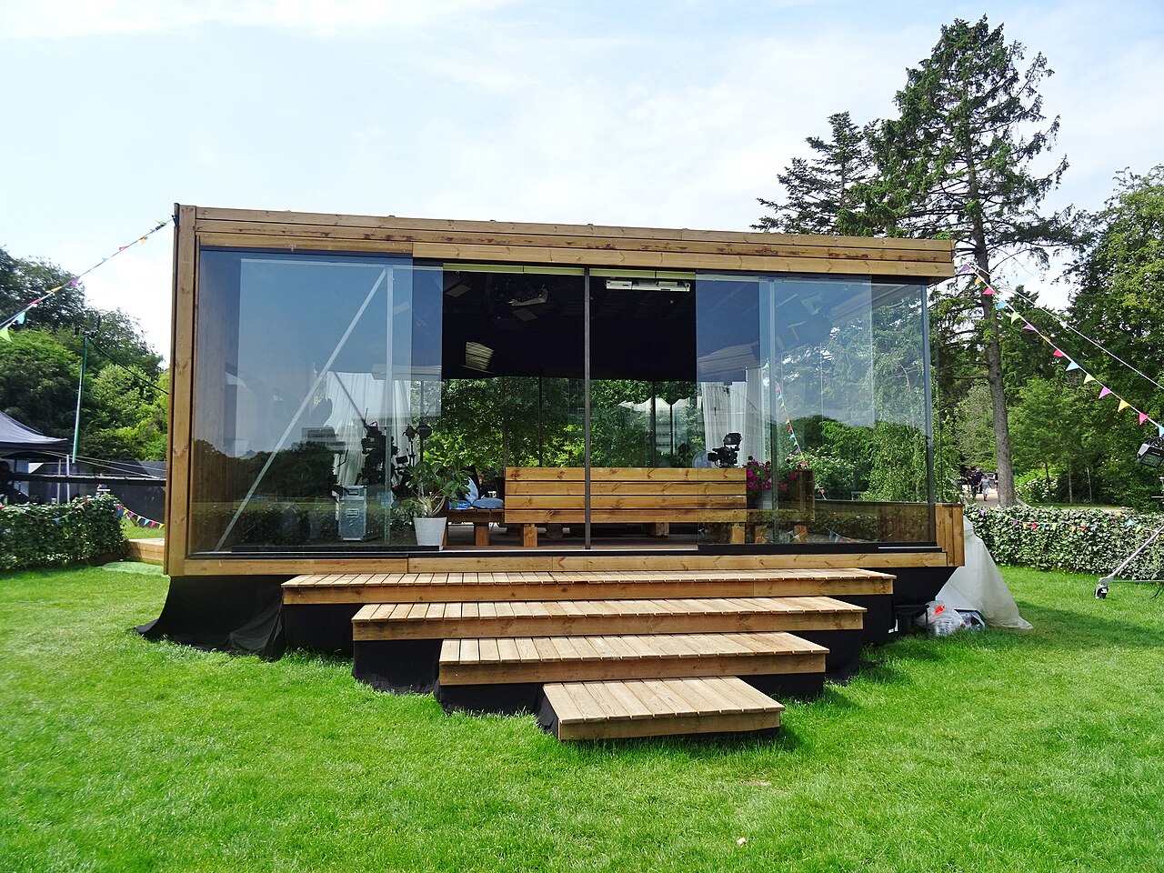 Television studio of DR in Fælledparken in Copenhagen during the 2020 UEFA European Championship. The soccer stadium can be seen behind the photograph