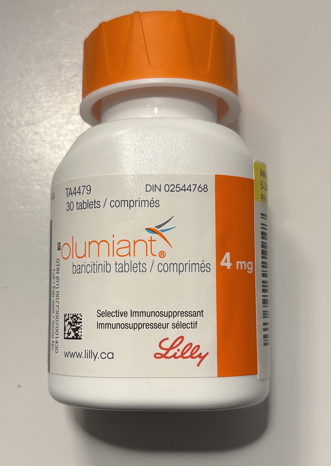 This is a container of 30 4mg pills of Olumiant, destined for eventual distribution and sale in Canada. As of February 2025, it can only be obtained i