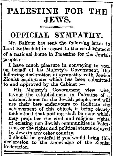 Balfour Declaration in the Times 9 November 1917
