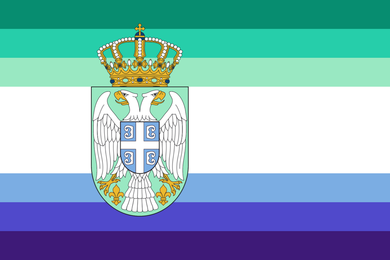 The coat of arms of Serbia overlaid onto the gay man pride flag, with proportions changed to fit the style of Serbia's flag