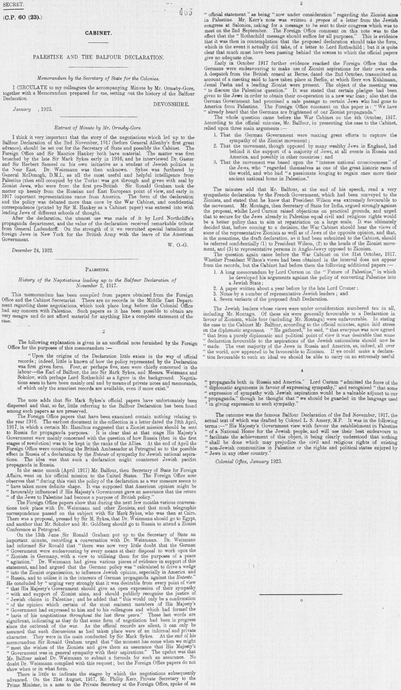 Palestine and the Balfour Declaration, Cabinet Paper, January 1923