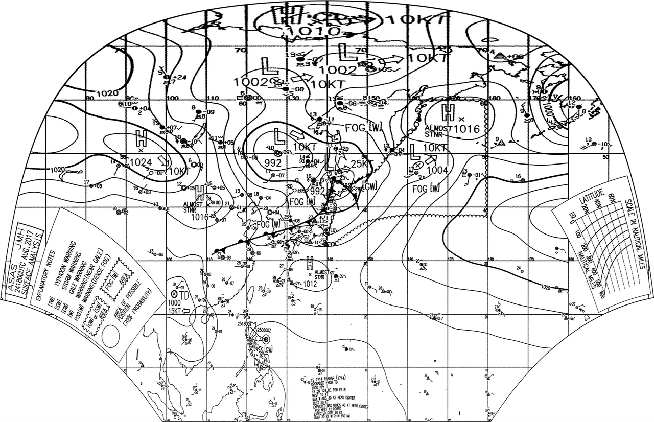 Surface analysis chart of Metarea XI for 24 August 2017, 18Z. Product of the Japan Meteorological Agency.