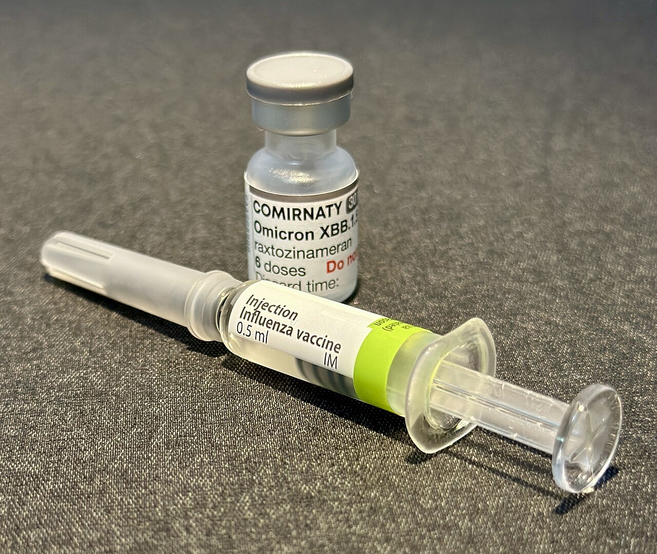 Vial: Comirnaty Omicron XBB.1.5 10 micrograms/dose dispersion for injection COVID-19 mRNA Vaccine (nucleoside modified). Vaccine vial. Raxtozinameran