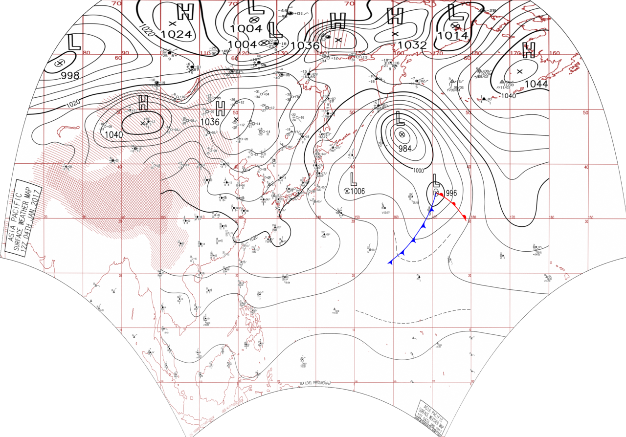 Surface analysis chart of Metarea XI for 4 January 2017, 12Z. Product of the Japan Meteorological Agency.