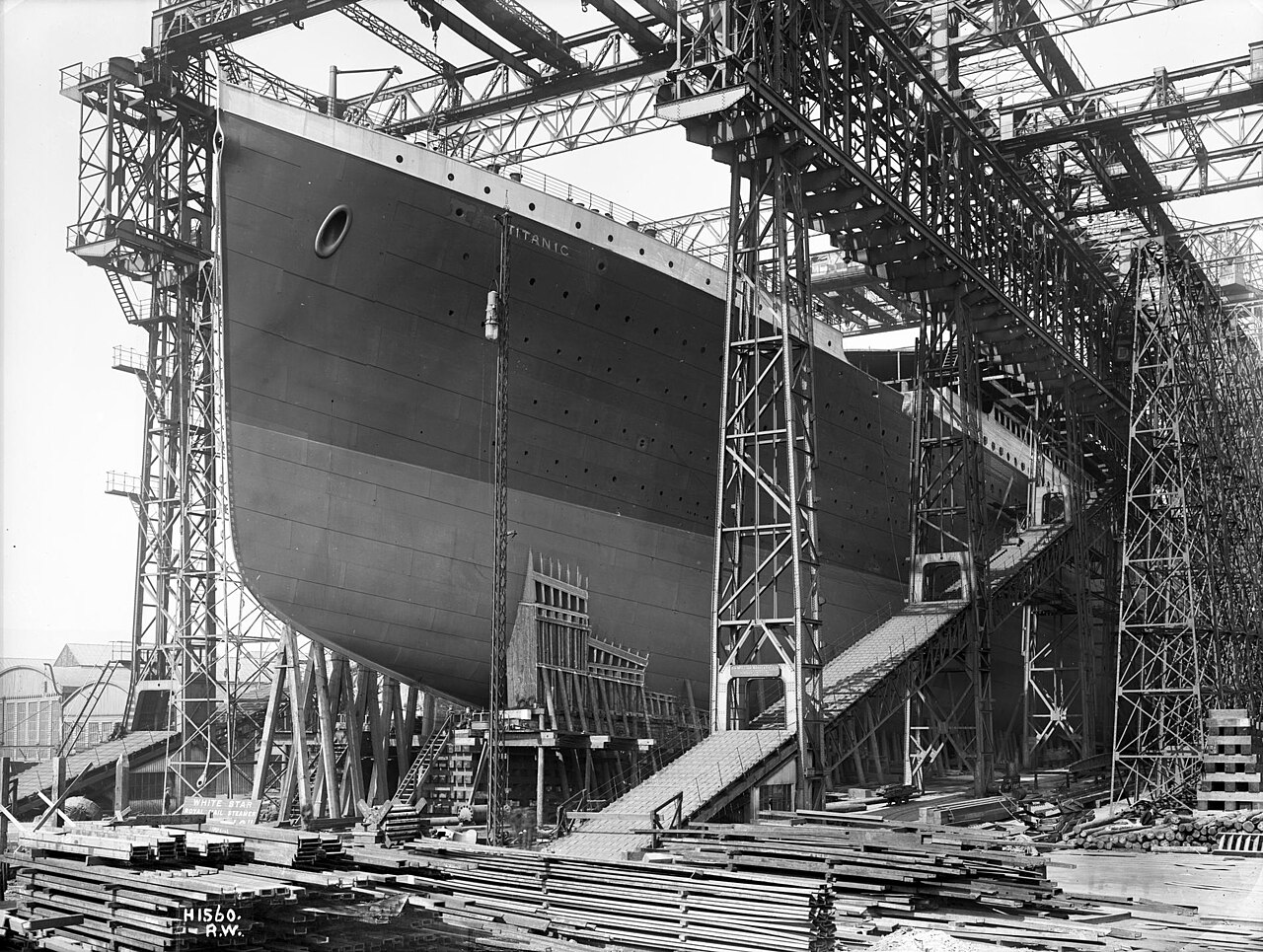 The Titanic ready for launch. The ship was constructed on Queen's Island, now known as the Titanic Quarter, in Belfast Harbour where was part of the H