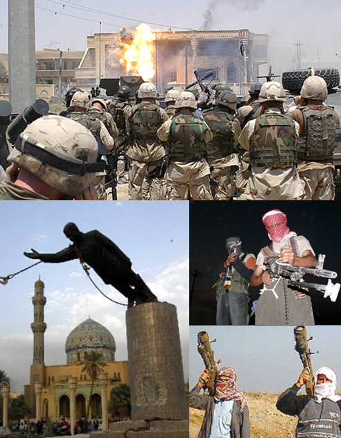 Clockwise from top: Delta Force of Task Force 20 alongside troops of 3rd Battalion, 327th Infantry Regiment, at Uday Hussain and Qusay Hussein's hideo