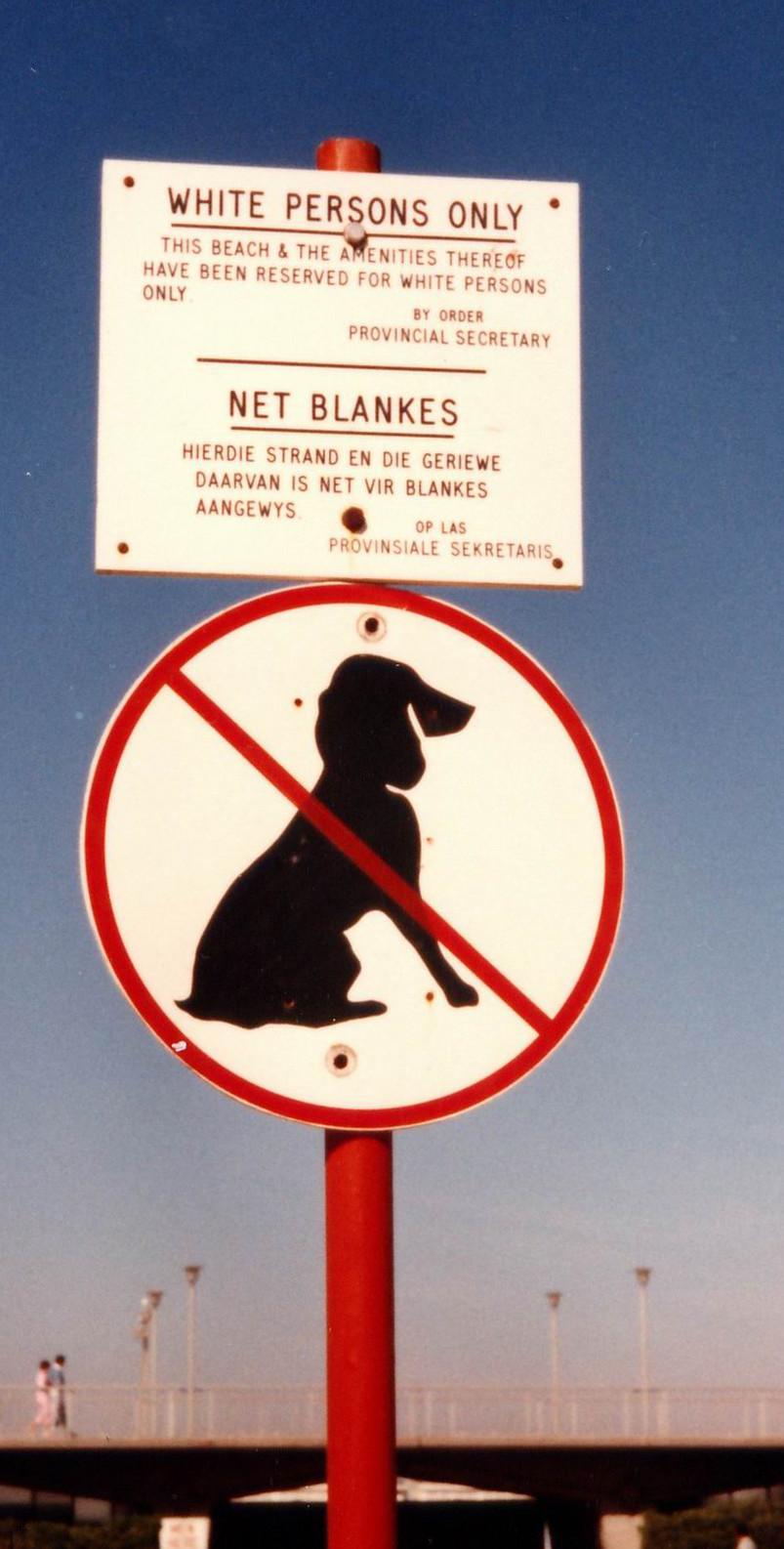 Signs on a beach in Muizenberg, Cape Town, South Africa. The top sign is in English and Afrikaans; the English version states: "WHITE PERSONS ONLY Thi